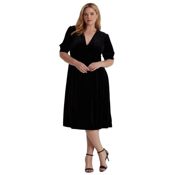 Lauren Ralph Lauren Woman Plus 3X Black Velvet V Neck Midi Half Sleeve Dress NWT - Picture 1 of 8